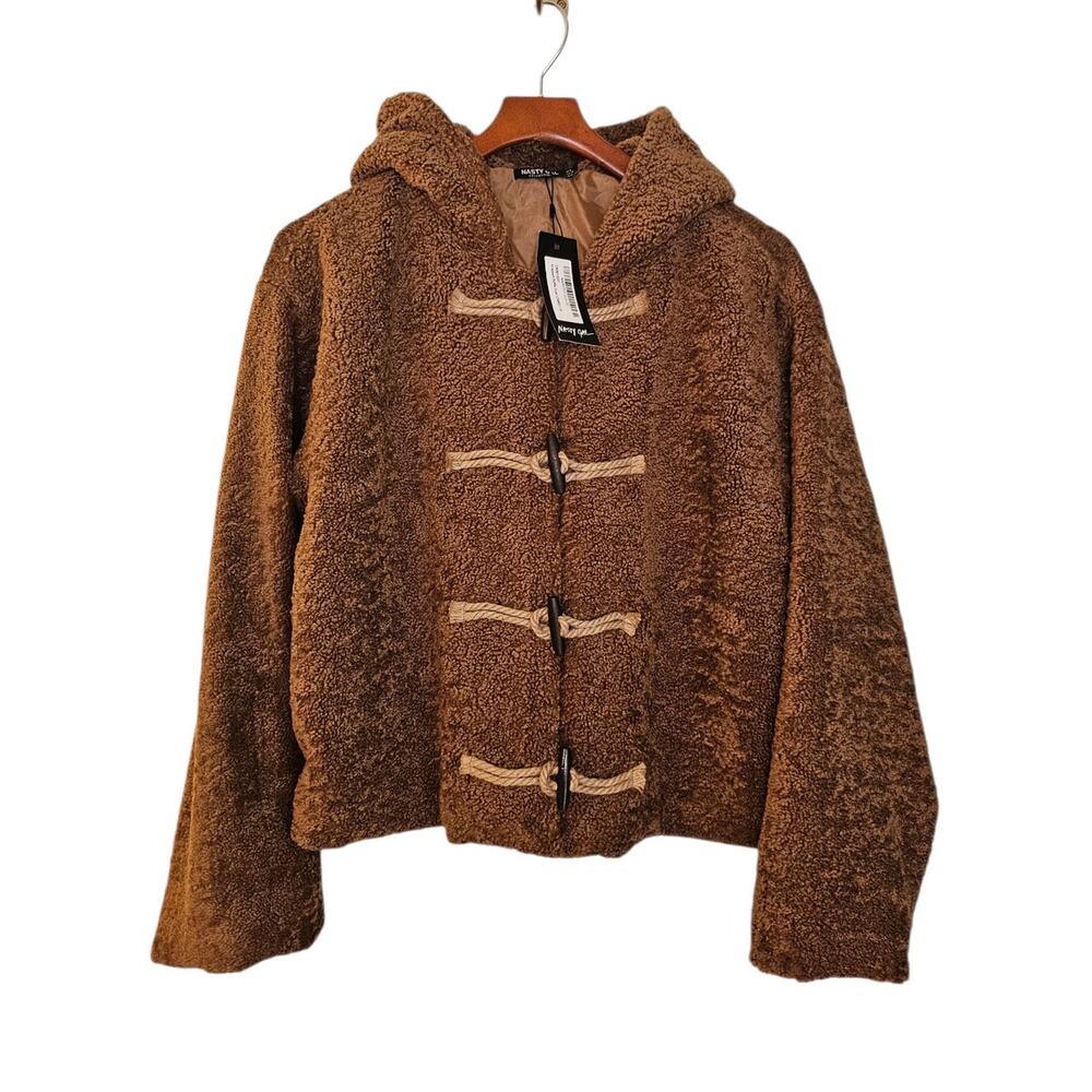 Nasty Gal Cropped Faux Fur Duffle Coat Camel Hooded Toggle NWT Size 8